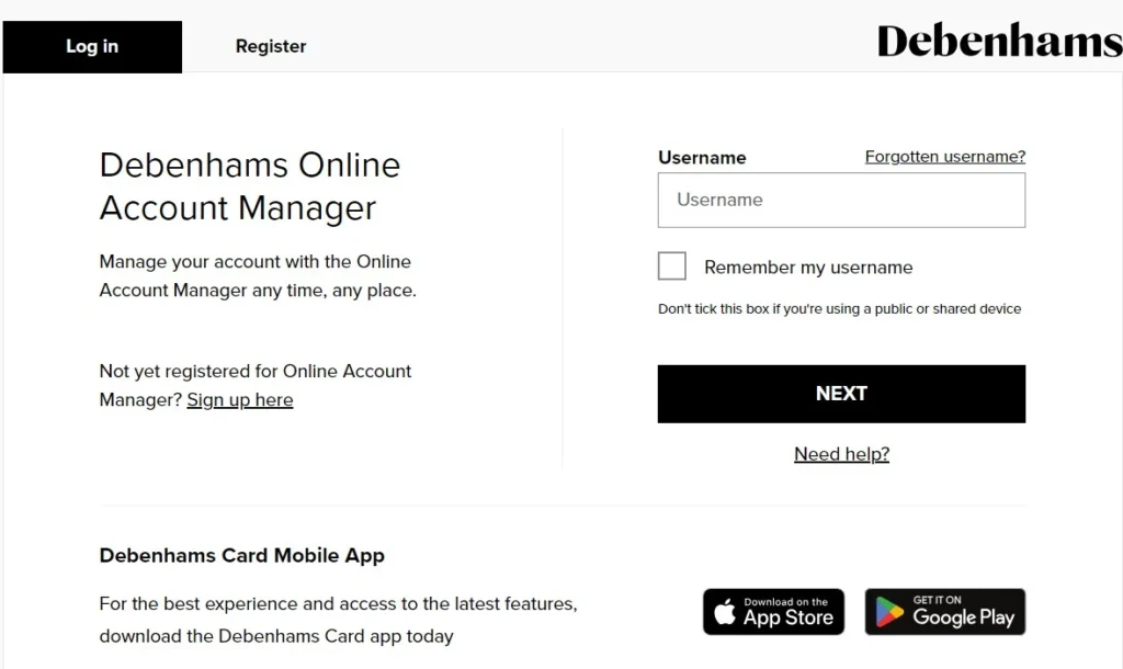 Debenhams Credit Card Login