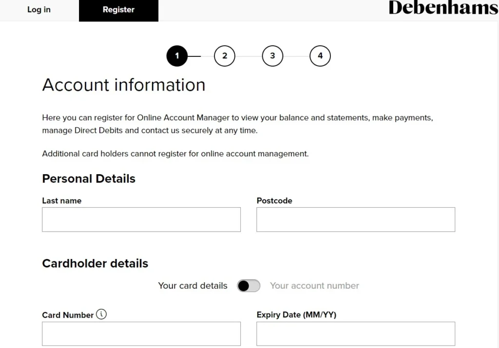 Debenhams Credit card Registration