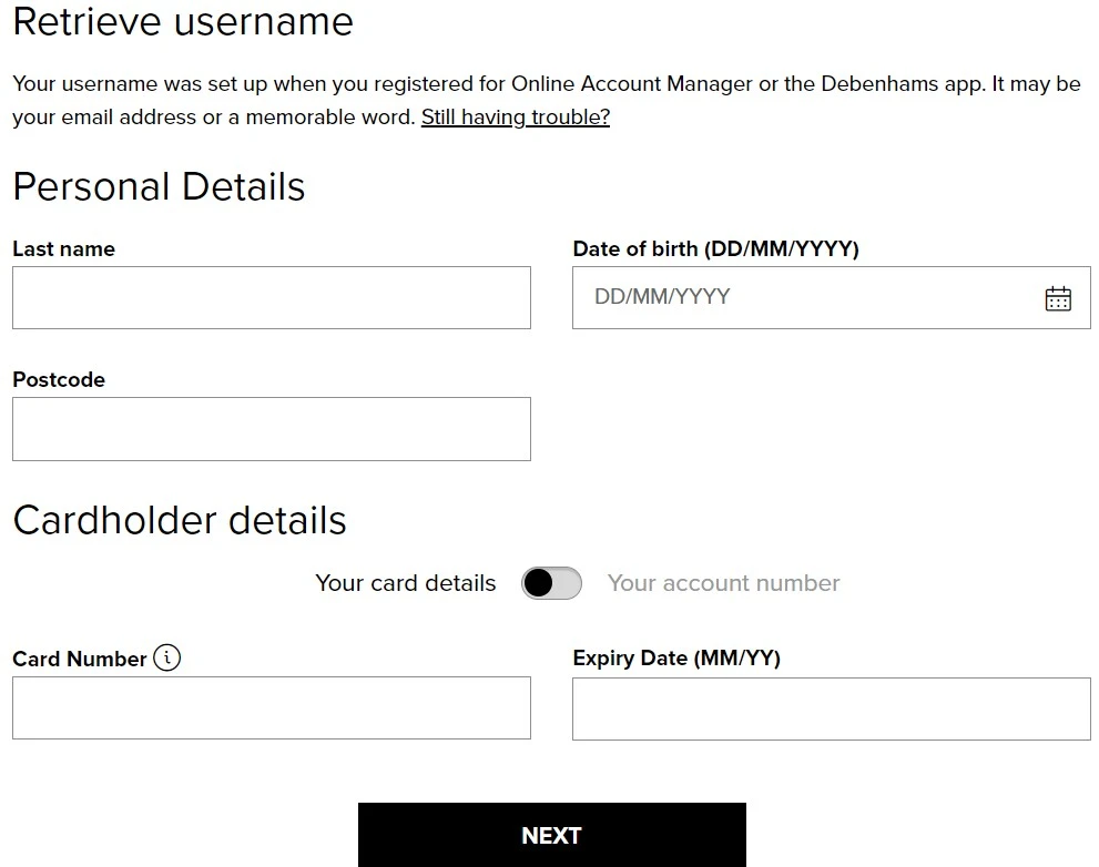 Debenhams Credit Card Login forget username